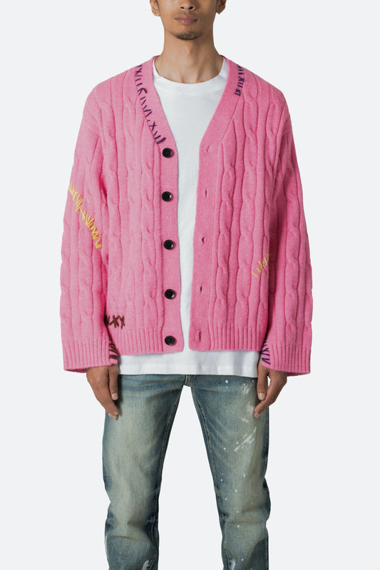 Cable Knit Cardigan Sweater - Pink