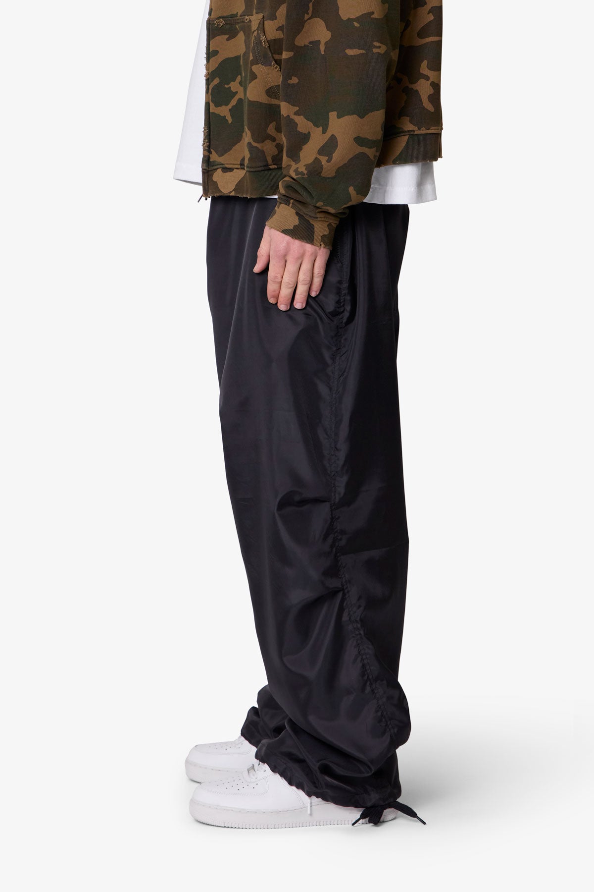 Cinched Baggy Nylon Pants - Black