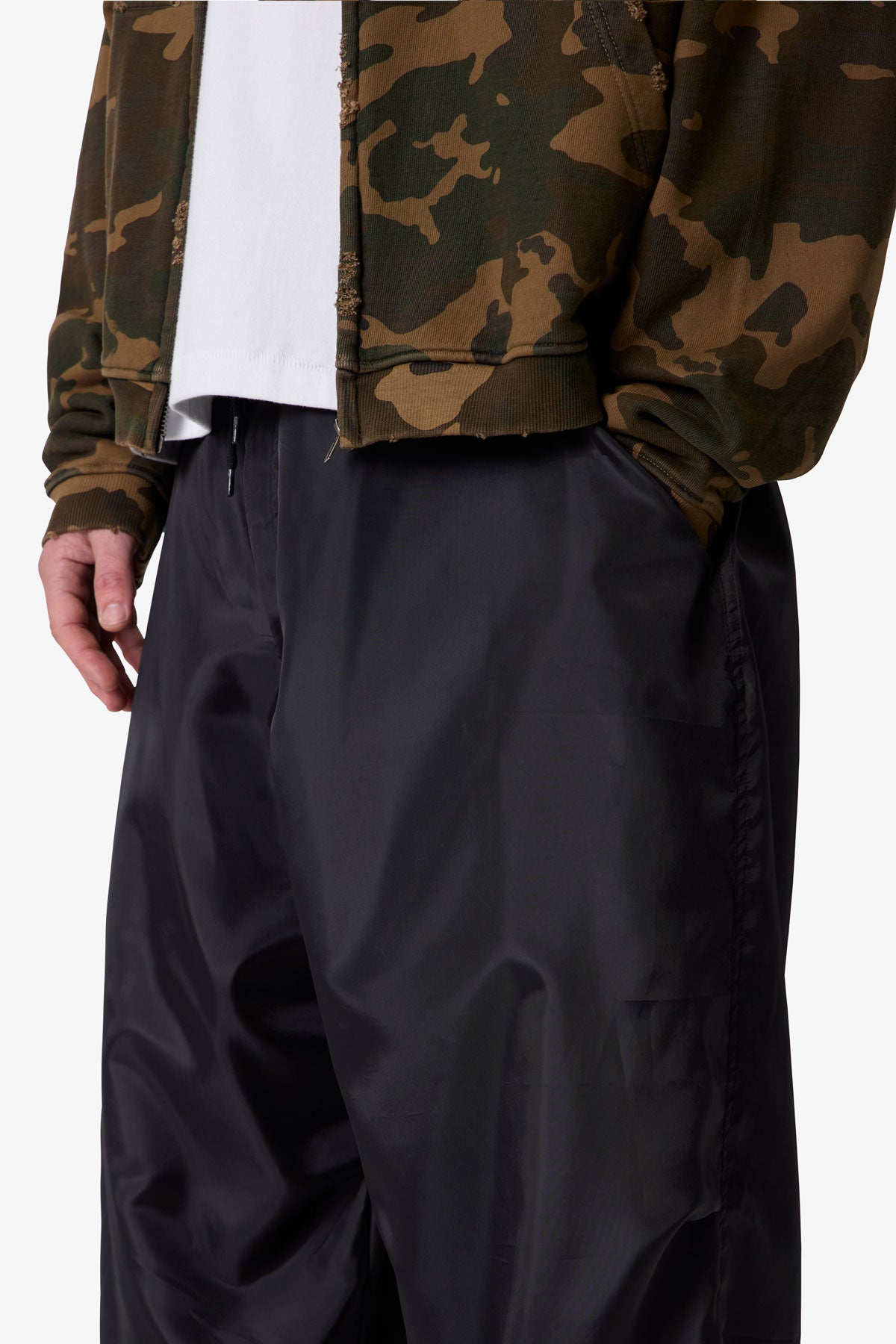 Cinched Baggy Nylon Pants - Black