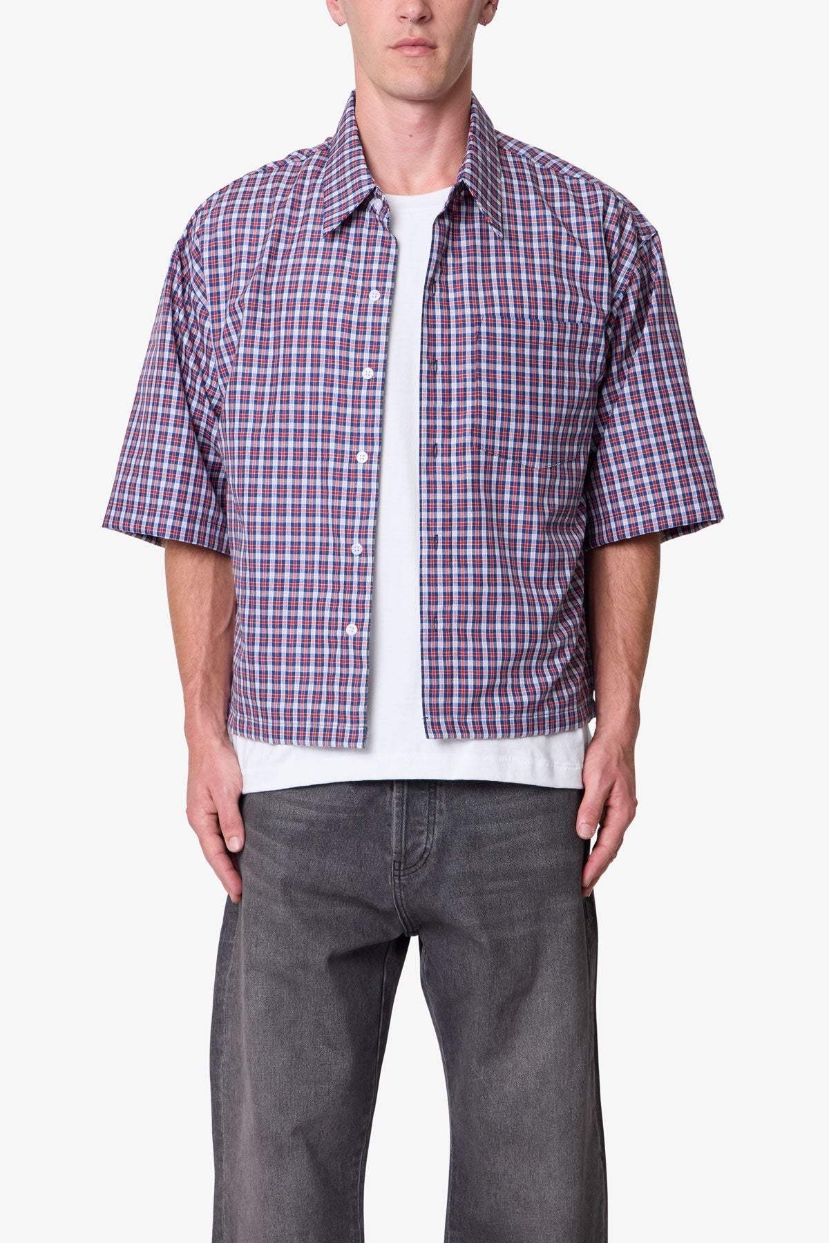 Crispy Poplin Over Shirt - Red/Blue
