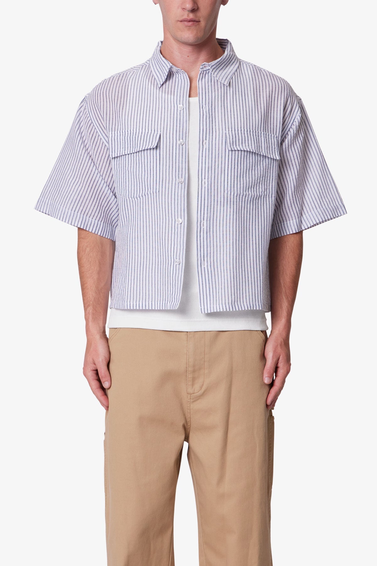 Cropped Boxy Striped S/S Shirt - Blue