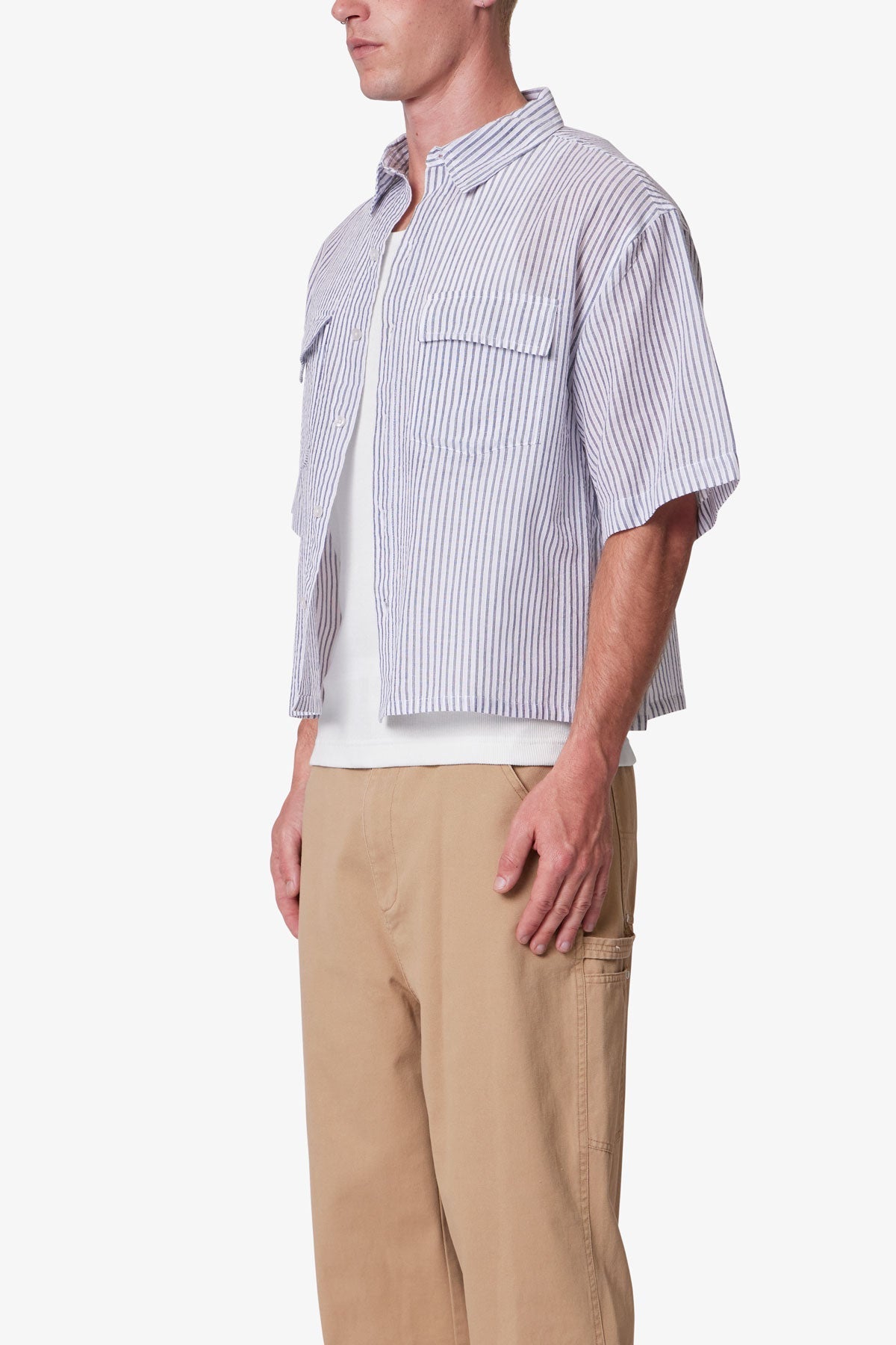 Cropped Boxy Striped S/S Shirt - Blue
