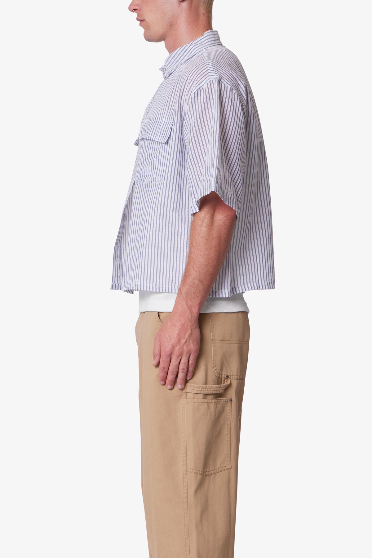Cropped Boxy Striped S/S Shirt - Blue