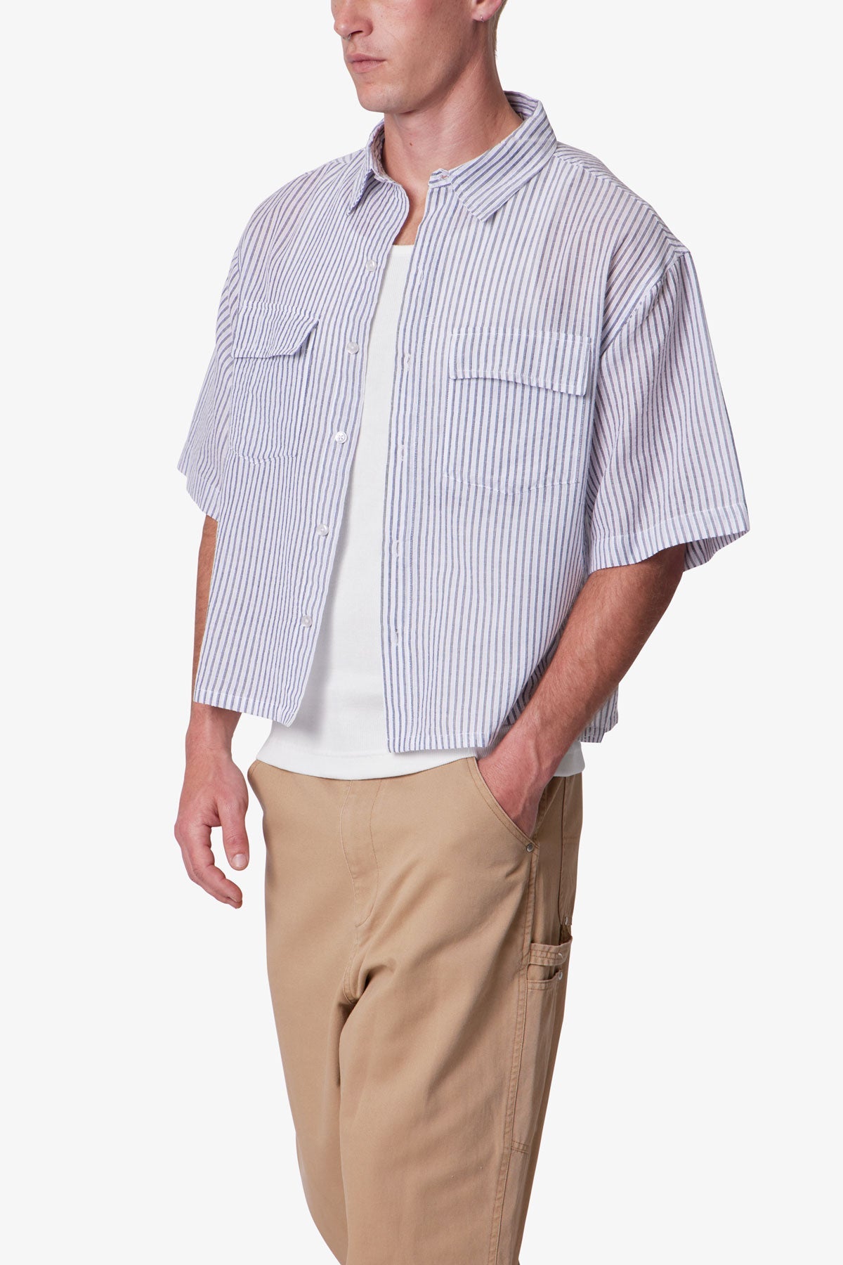 Cropped Boxy Striped S/S Shirt - Blue
