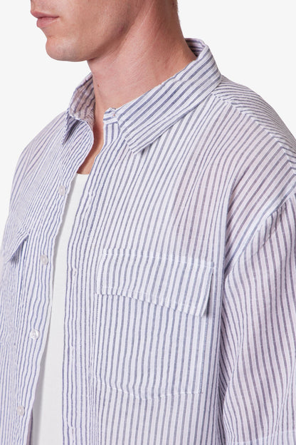 Cropped Boxy Striped S/S Shirt - Blue