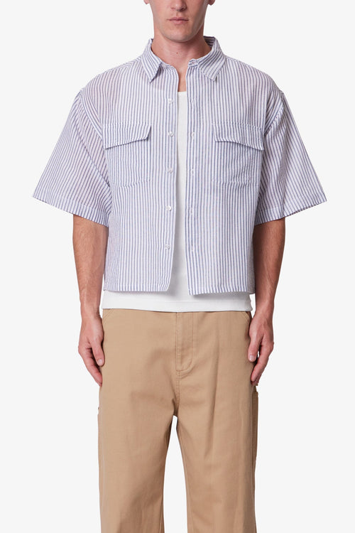 Cropped Boxy Striped S/S Shirt - Blue