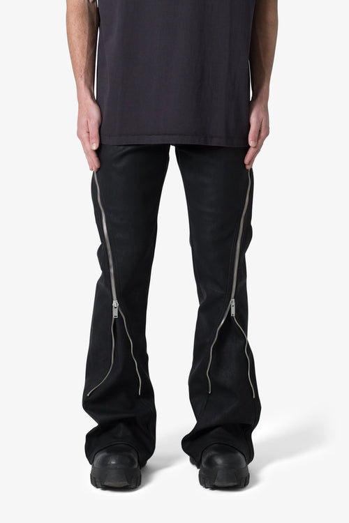 D519 Leather Zipper Flare Pants - Black