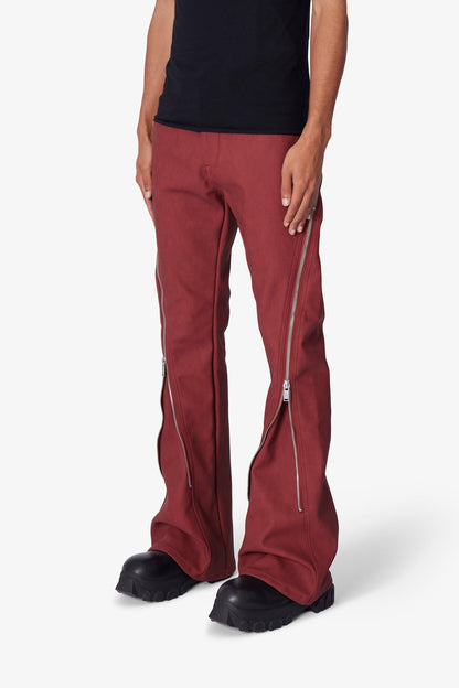 D519 Leather Zipper Flare Pants - Red
