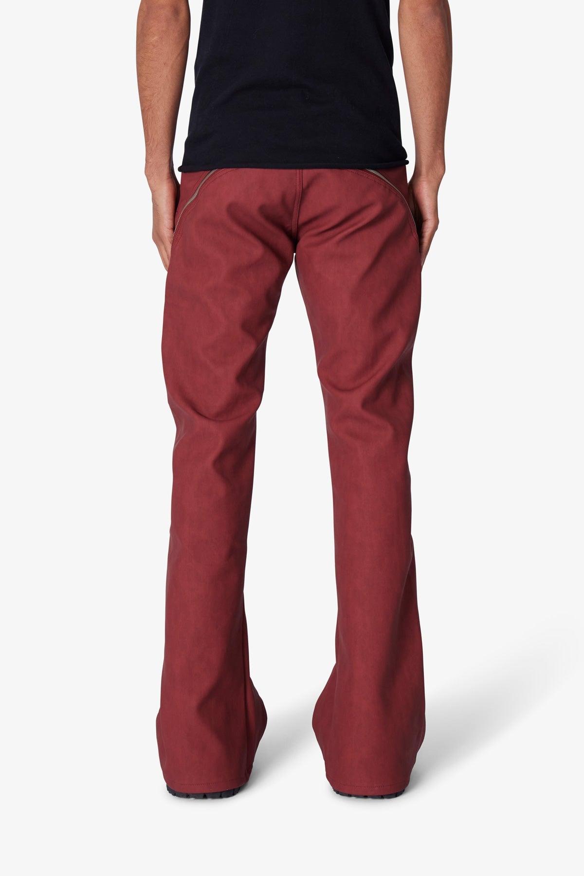 D519 Leather Zipper Flare Pants - Red