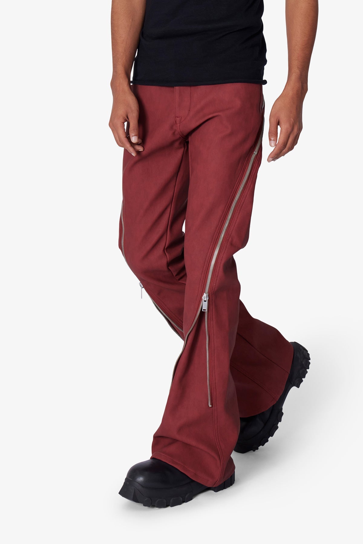 D519 Leather Zipper Flare Pants - Red