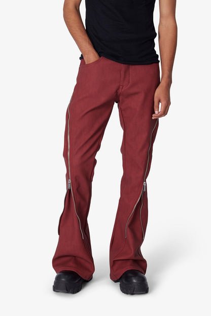 D519 Leather Zipper Flare Pants - Red