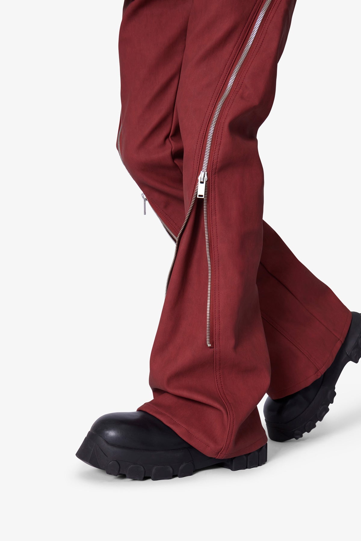 D519 Leather Zipper Flare Pants - Red