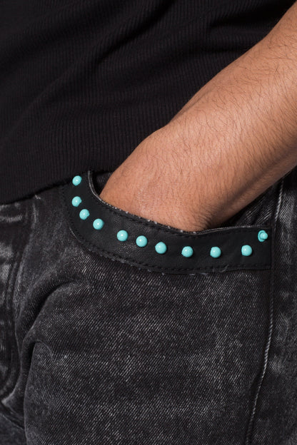 D701 Studded Turquoise Denim - Black