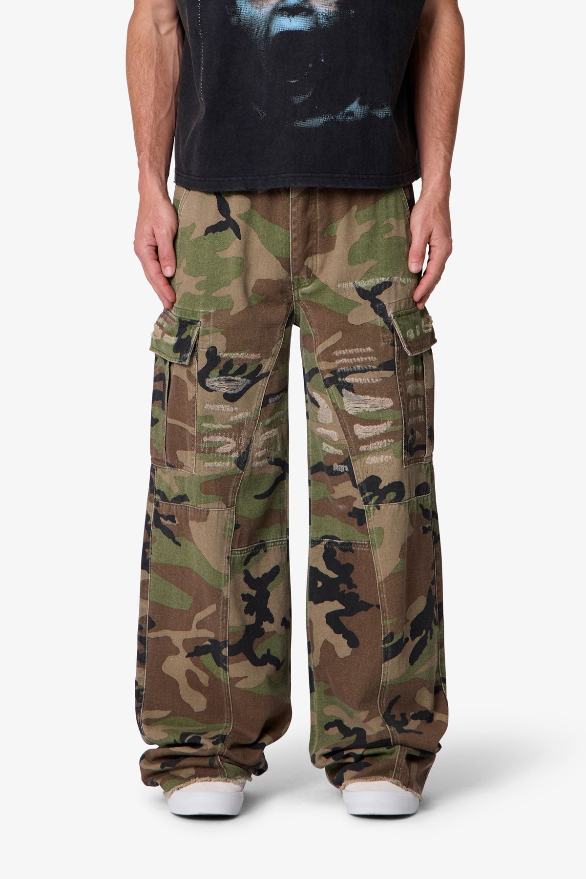 Distressed Camo Cargo Pants - Camo