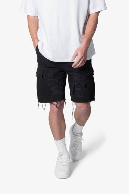Distressed Cargo Shorts - Washed Black
