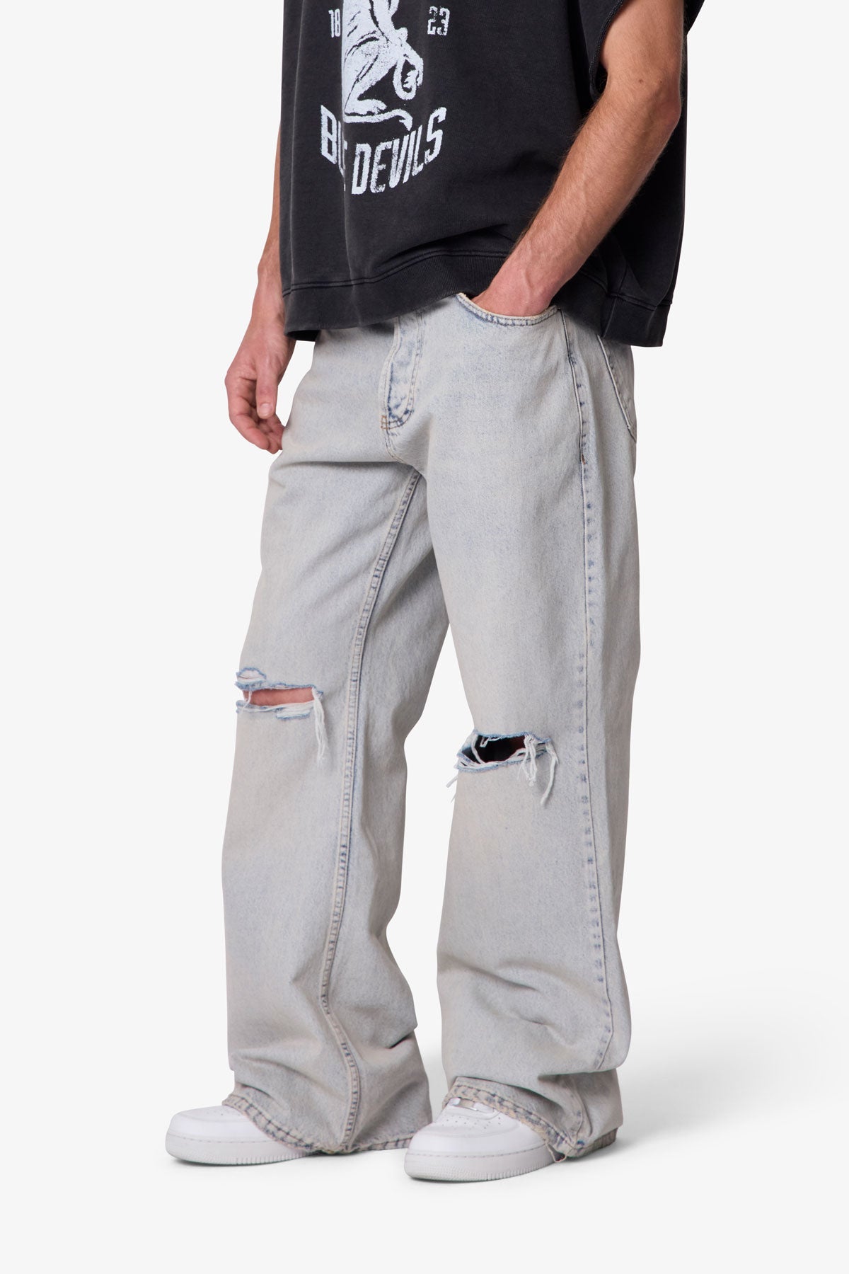 Distressed Kick Flare Denim - Light Blue