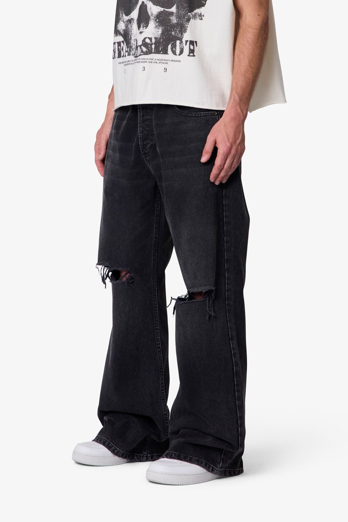 Distressed Kick Flare Denim - Washed Black
