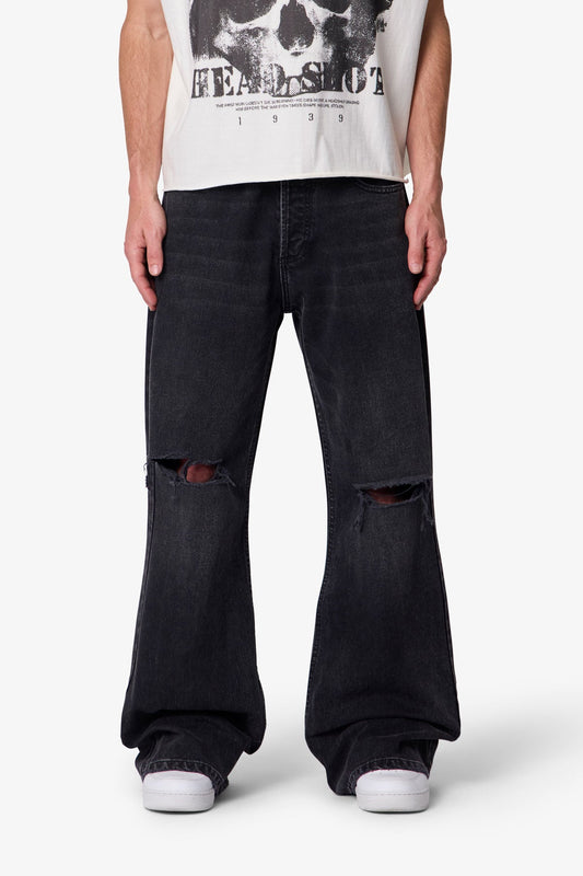 Distressed Kick Flare Denim - Washed Black