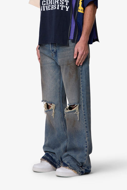 Distressed Kick Flare Denim - Washed Blue
