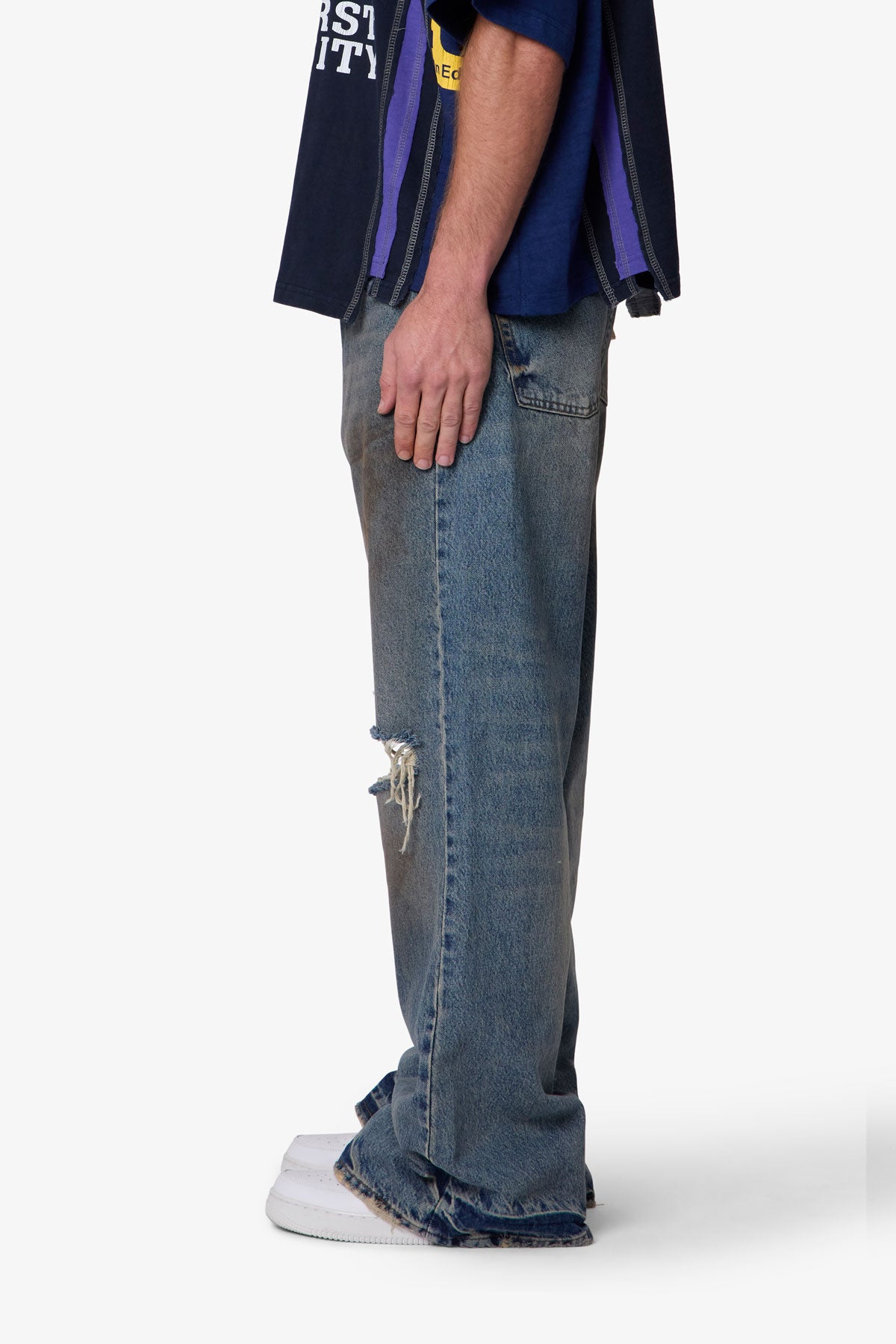 Distressed Kick Flare Denim - Washed Blue