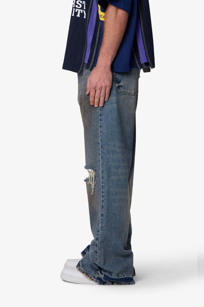 Distressed Kick Flare Denim - Washed Blue