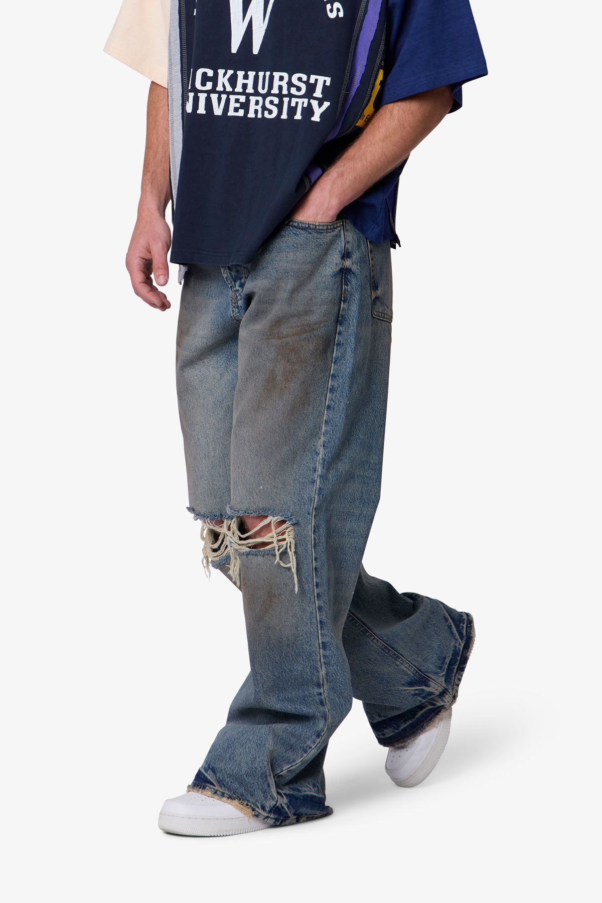 Distressed Kick Flare Denim - Washed Blue
