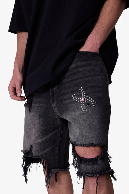 Distressed Spider Denim Shorts - Washed Black