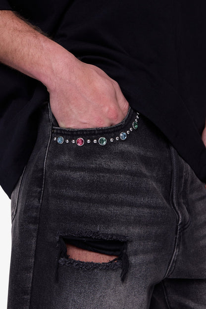 Distressed Spider Denim Shorts - Washed Black