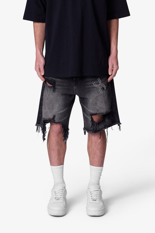 Distressed Spider Denim Shorts - Washed Black