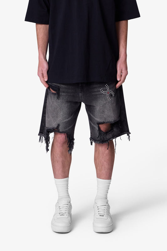 Distressed Spider Denim Shorts - Washed Black