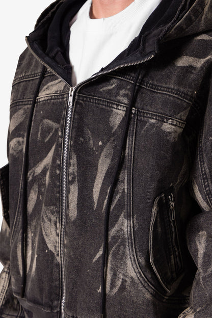 Double Denim Hooded Bomber Jacket - Black