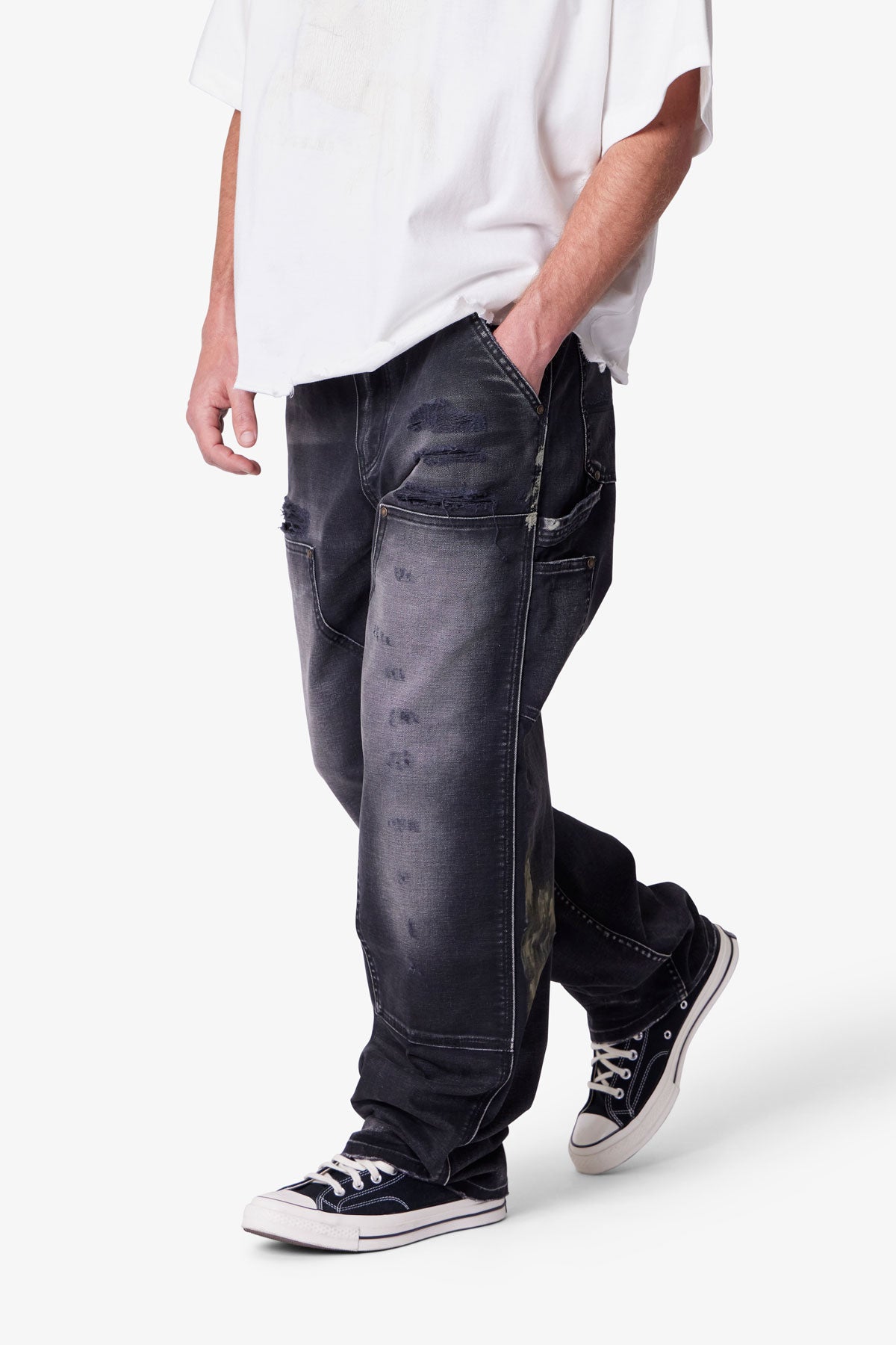 Faded Distressed Carpenter Pants - Black