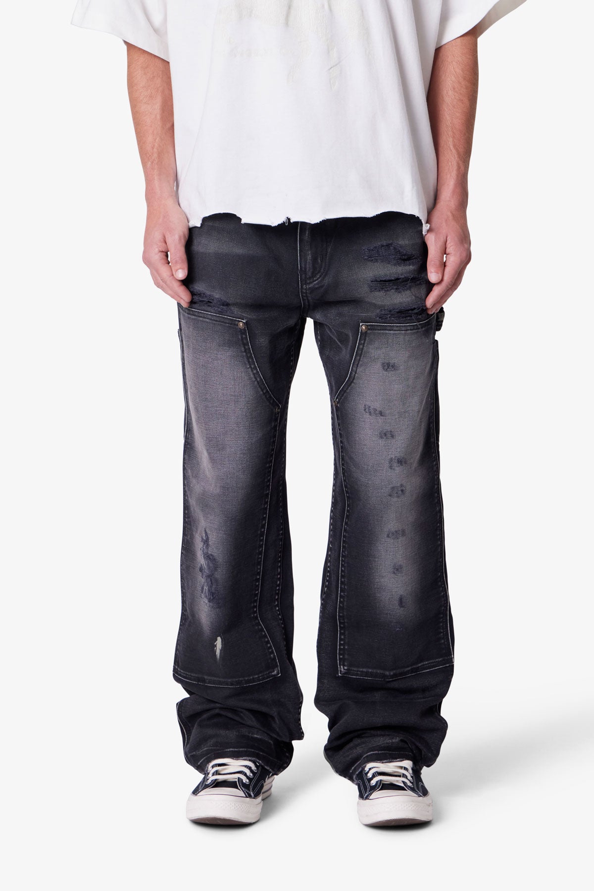 Faded Distressed Carpenter Pants - Black