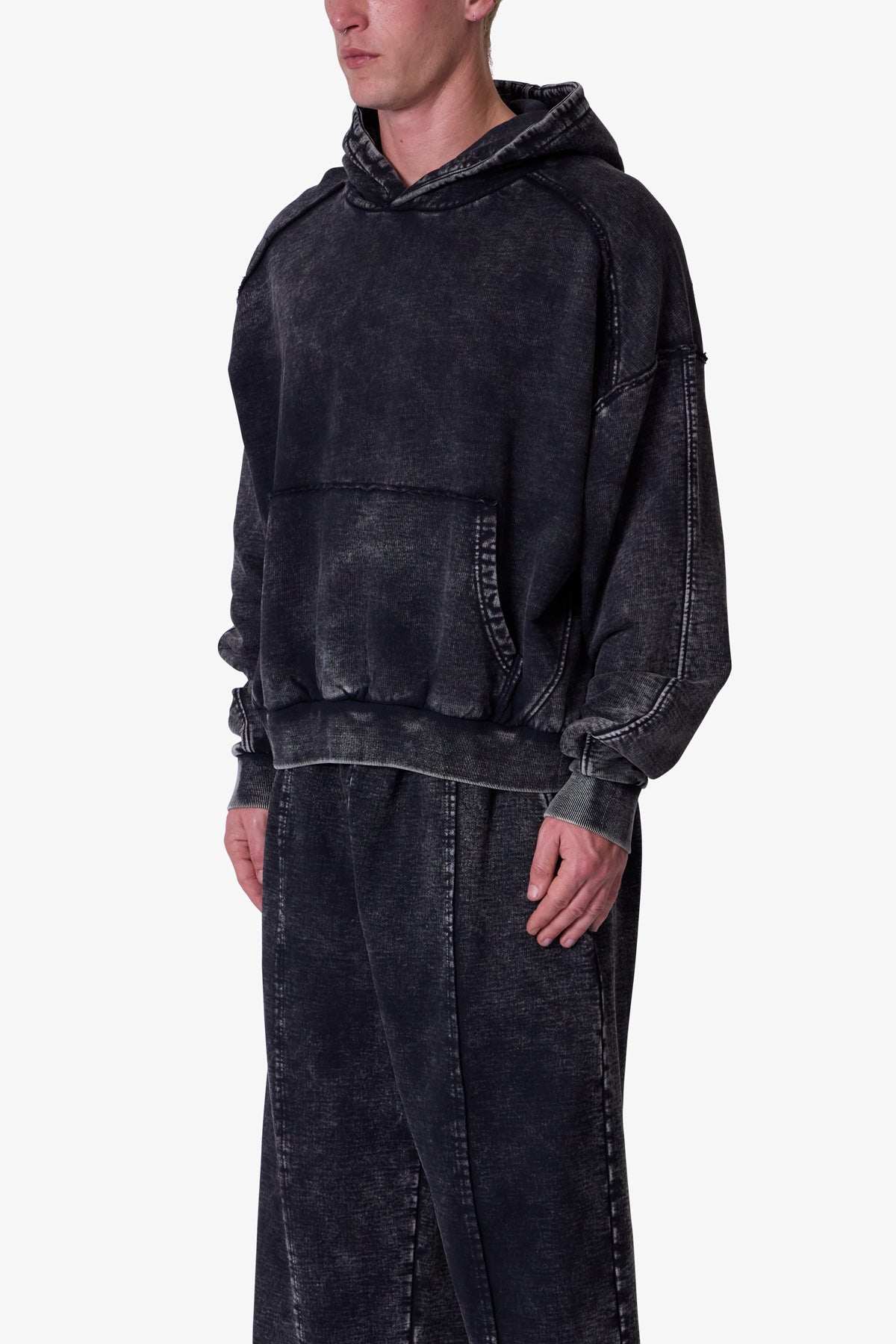 Frayed Seam Acid Wash Hoodie - Black