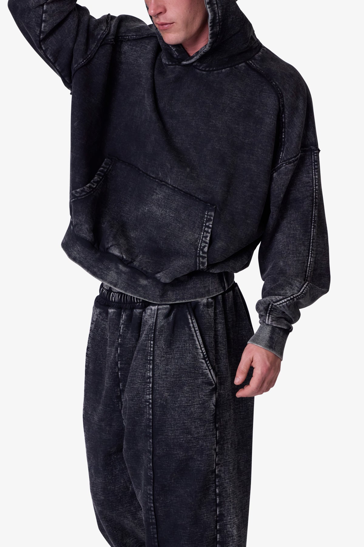 Frayed Seam Acid Wash Hoodie - Black