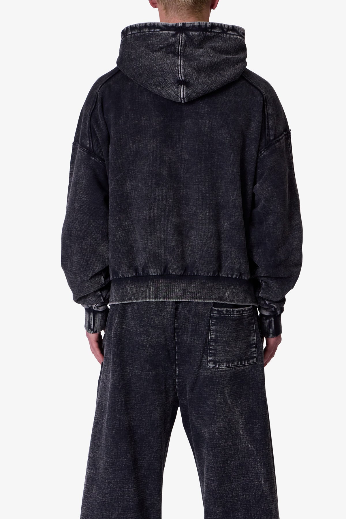 Frayed Seam Acid Wash Hoodie - Black
