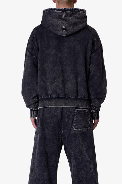 Frayed Seam Acid Wash Hoodie - Black