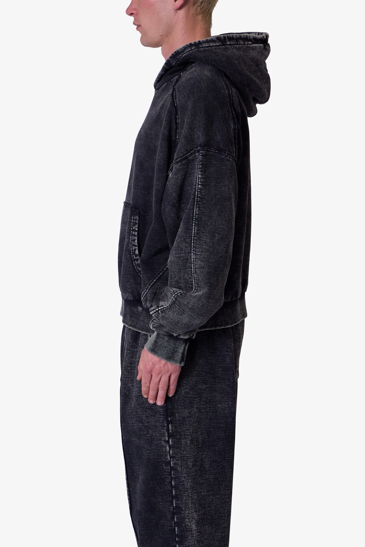 Frayed Seam Acid Wash Hoodie - Black