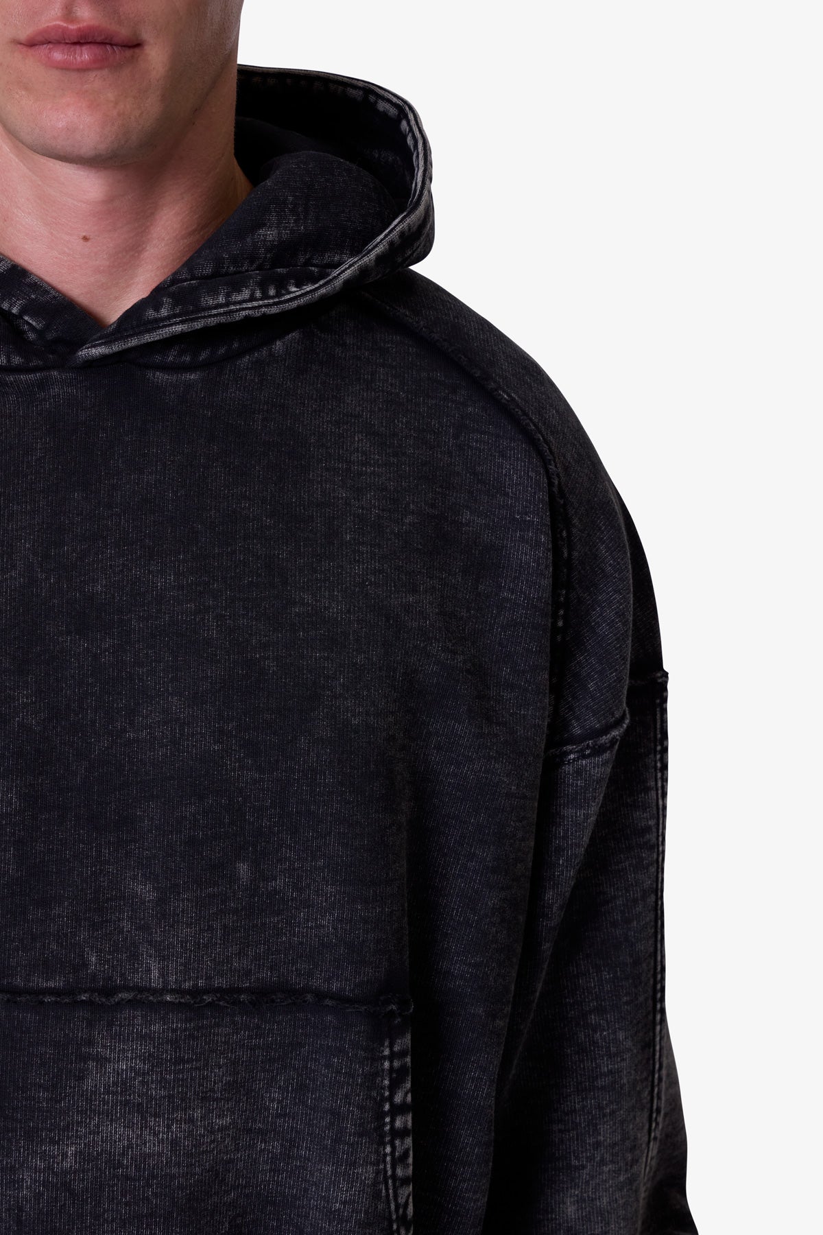 Frayed Seam Acid Wash Hoodie - Black