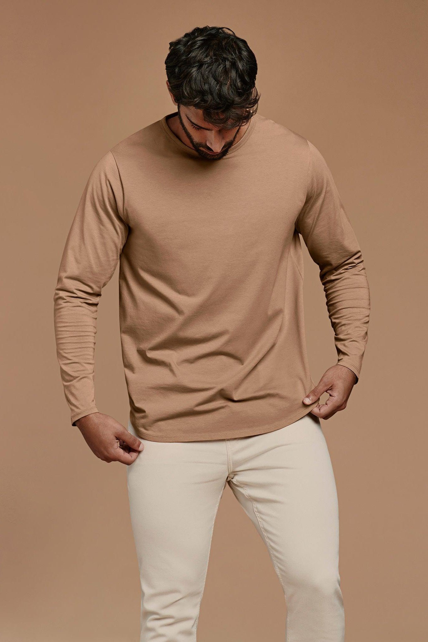 Long Sleeve Curved Hem T-Shirt | Cinnamon