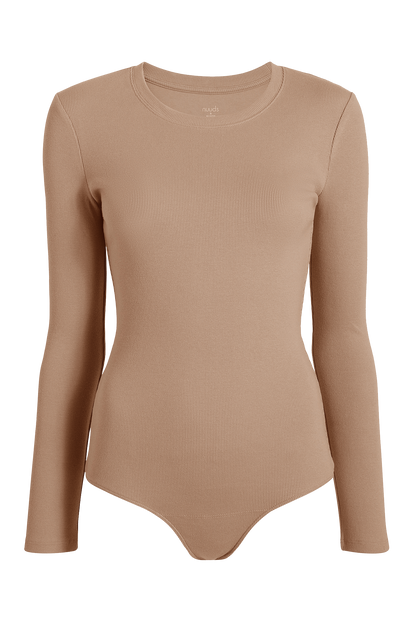 Long Sleeve Ribbed Crewneck Bodysuit | Sand