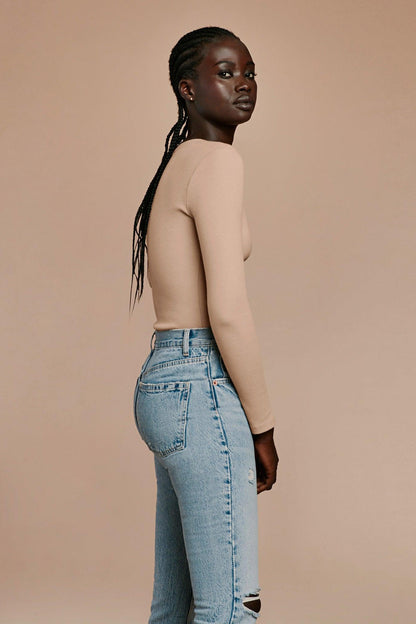 Long Sleeve Ribbed Crewneck Bodysuit | Sand