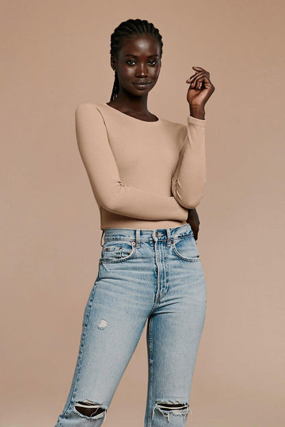 Long Sleeve Ribbed Crewneck Bodysuit | Sand