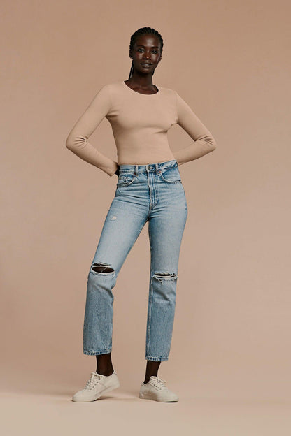 Long Sleeve Ribbed Crewneck Bodysuit | Sand