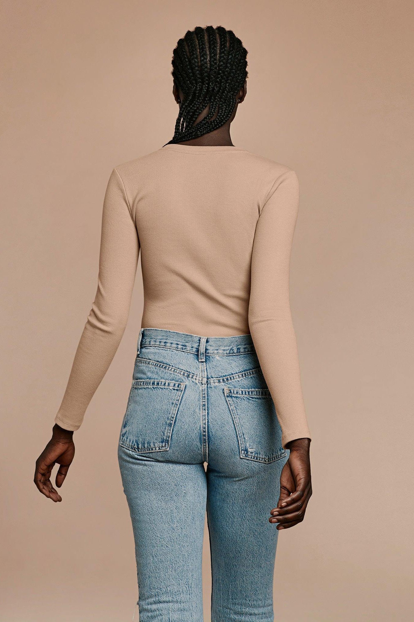 Long Sleeve Ribbed Crewneck Bodysuit | Sand