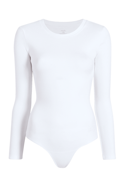 Long Sleeve Ribbed Crewneck Bodysuit | White