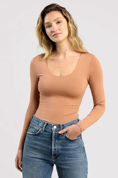 Long Sleeve Scoop Neck Bodysuit | Clay