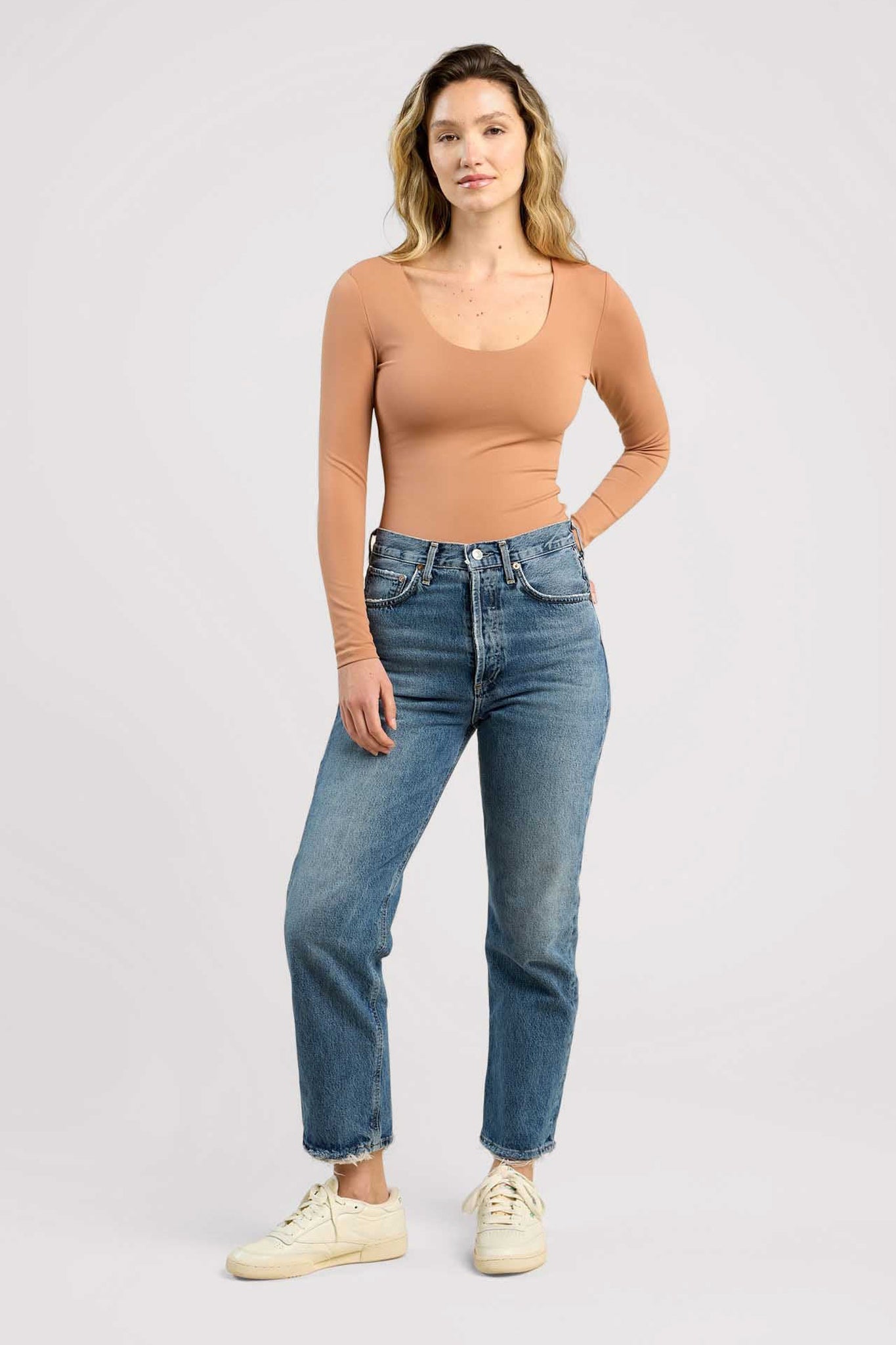 Long Sleeve Scoop Neck Bodysuit | Clay