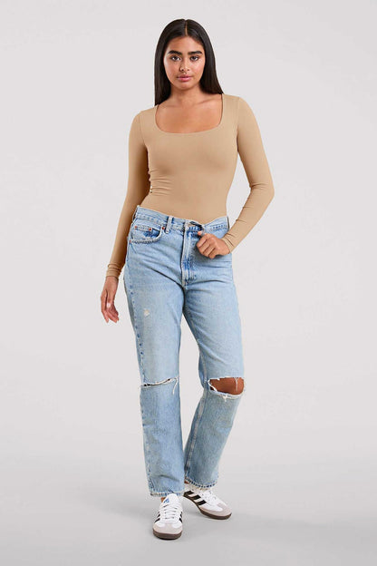 Long Sleeve Square Neck Bodysuit | Oat