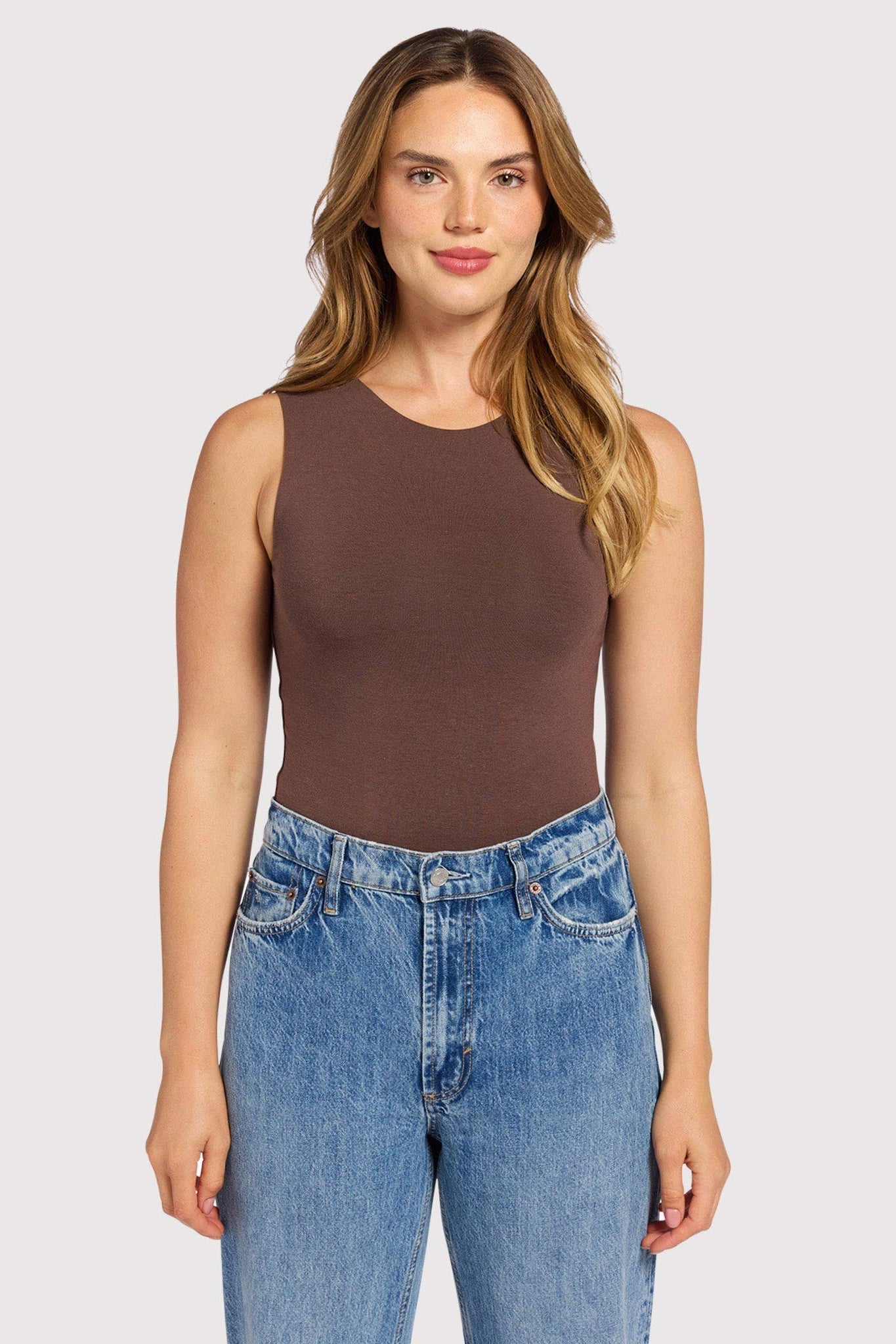 Cotton Stretch Classic Crewneck Tank Bodysuit | Coffee